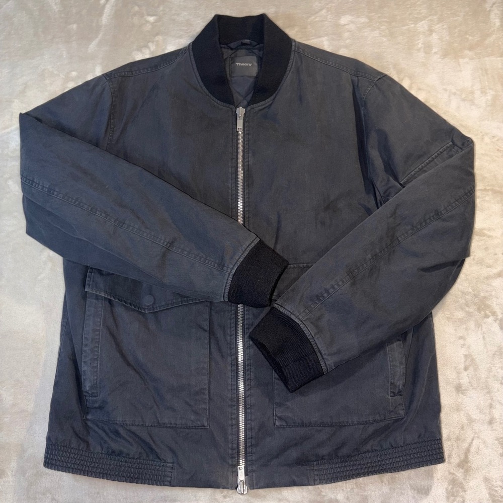 Theory Kerby Canvas Bomber Jacket Mens XL Black Quilted Zip Up